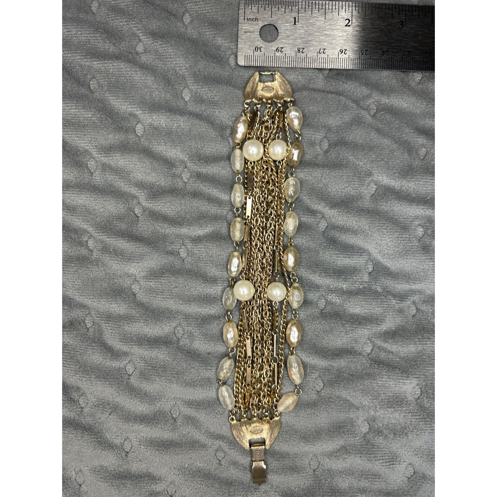 Kramer‎ of New York Vintage Gold Tone Pearl Dangle Charm Bracelet Signed - Picture 7 of 8